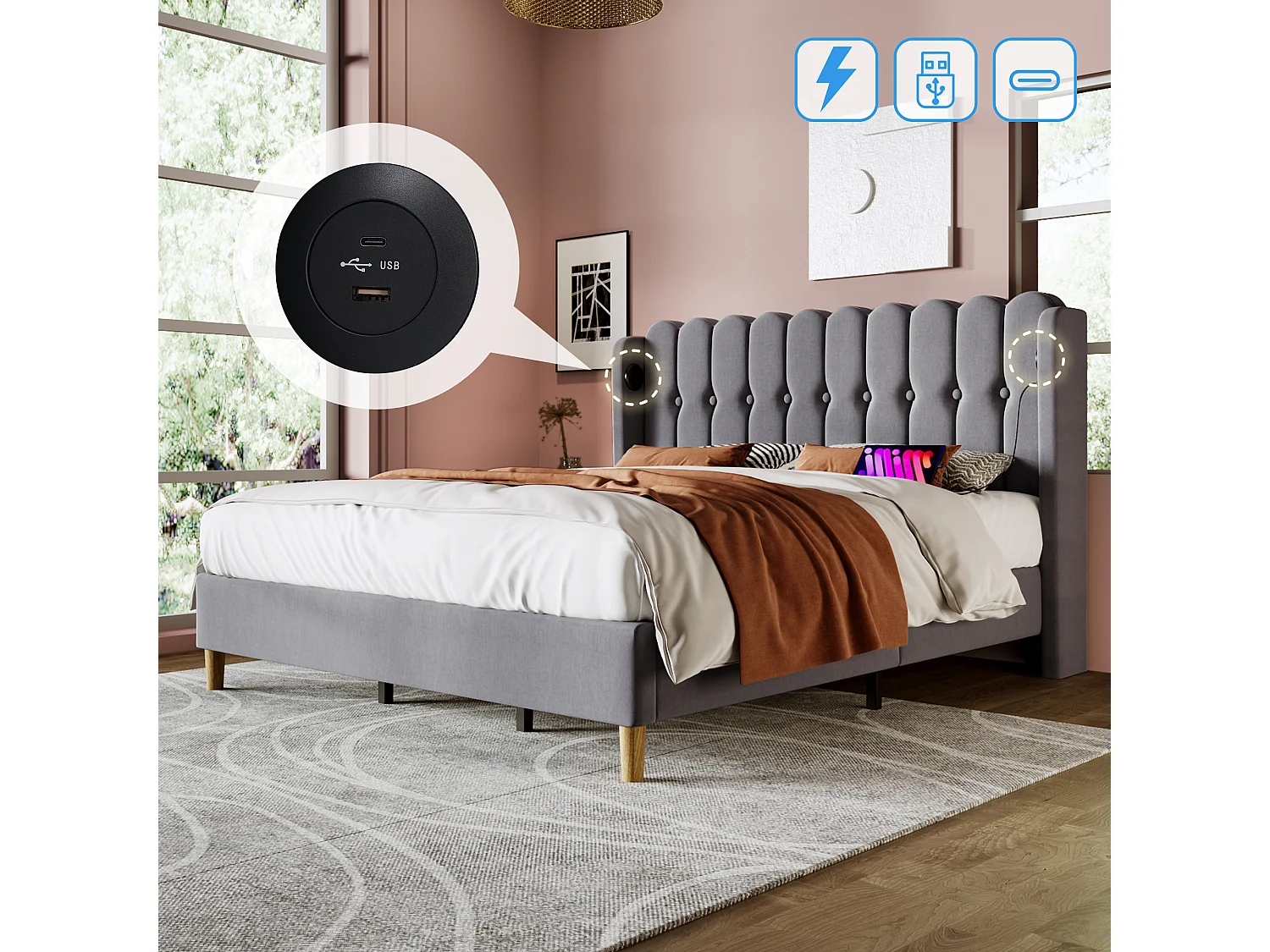 Gestoffeerd tweepersoonsbed - 180 x 200 cm - met USB Type-C + lattenbodem + hoofdbord - linnen - grijs