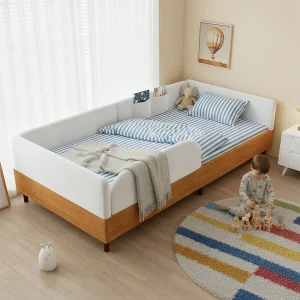 Gestoffeerd kinderbed – 90 x 200 cm – met 2 opbergvakken – schuimrubberen randafwerking – fluweel – wit + naturel Gestoffeerd kinderbed – 90 x 200 cm – met 2 opbergvakken – schuimrubberen randafwerking – fluweel – wit + naturel