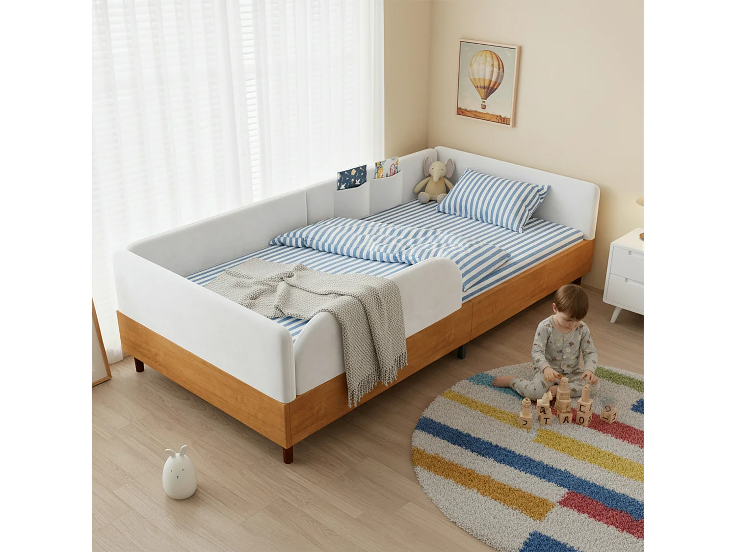 Gestoffeerd kinderbed - 90 x 200 cm - met 2 opbergvakken - schuimrubberen randafwerking - fluweel - wit + naturel
