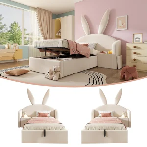 Gestoffeerd hydraulisch opbergbed voor kinderen – 90 x 200 cm – met hoofdbord en nachtkastje – fluweel – beige