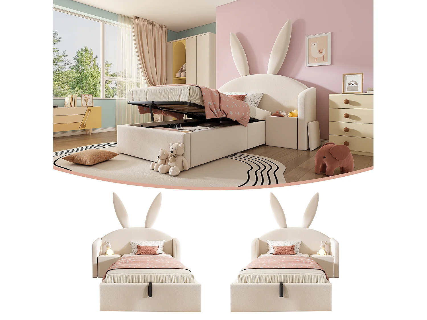 Gestoffeerd hydraulisch opbergbed voor kinderen - 90 x 200 cm - met hoofdbord en nachtkastje - fluweel - beige