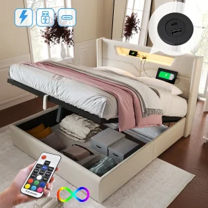Gestoffeerd opbergbed – 160 x 200 cm – met LED-verlichting + USB Type-C + hoofdbord + lattenbodem – linnen – beige Gestoffeerd opbergbed – 160 x 200 cm – met LED-verlichting + USB Type-C + hoofdbord + lattenbodem – linnen – beige