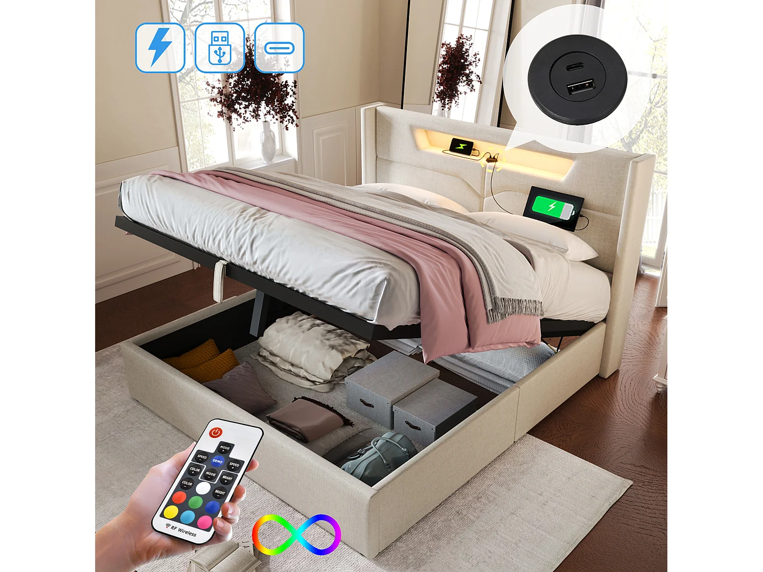 Gestoffeerd opbergbed - 160 x 200 cm - met LED-verlichting + USB Type-C + hoofdbord + lattenbodem - linnen - beige