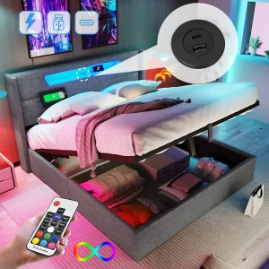 Gestoffeerd opbergbed – 160 x 200 cm – met LED-verlichting + USB Type-C + hoofdbord + lattenbodem – linnen – grijs Gestoffeerd opbergbed – 160 x 200 cm – met LED-verlichting + USB Type-C + hoofdbord + lattenbodem – linnen – grijs