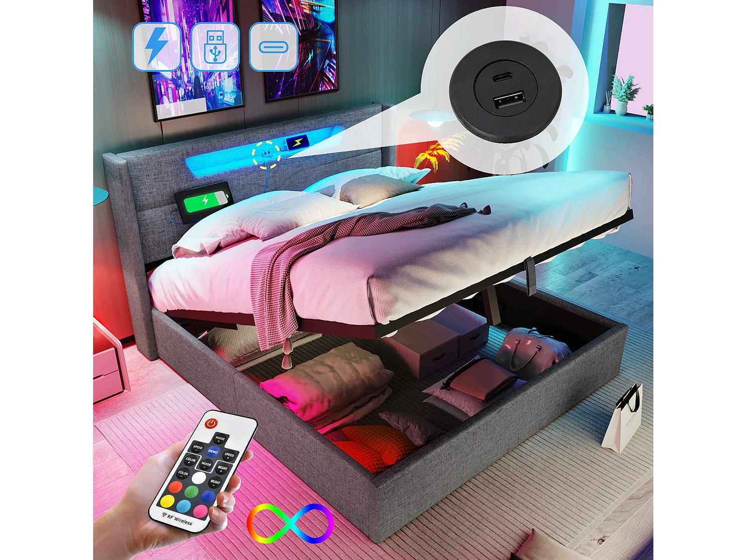Gestoffeerd opbergbed - 160 x 200 cm - met LED-verlichting + USB Type-C + hoofdbord + lattenbodem - linnen - grijs
