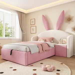 Gestoffeerd kinderbed met hydraulisch opbergsysteem – 90 x 190 cm – met hoofdbord en nachtkastje – fluweel – roze en beige Gestoffeerd kinderbed met hydraulisch opbergsysteem – 90 x 190 cm – met hoofdbord en nachtkastje – fluweel – roze en beige