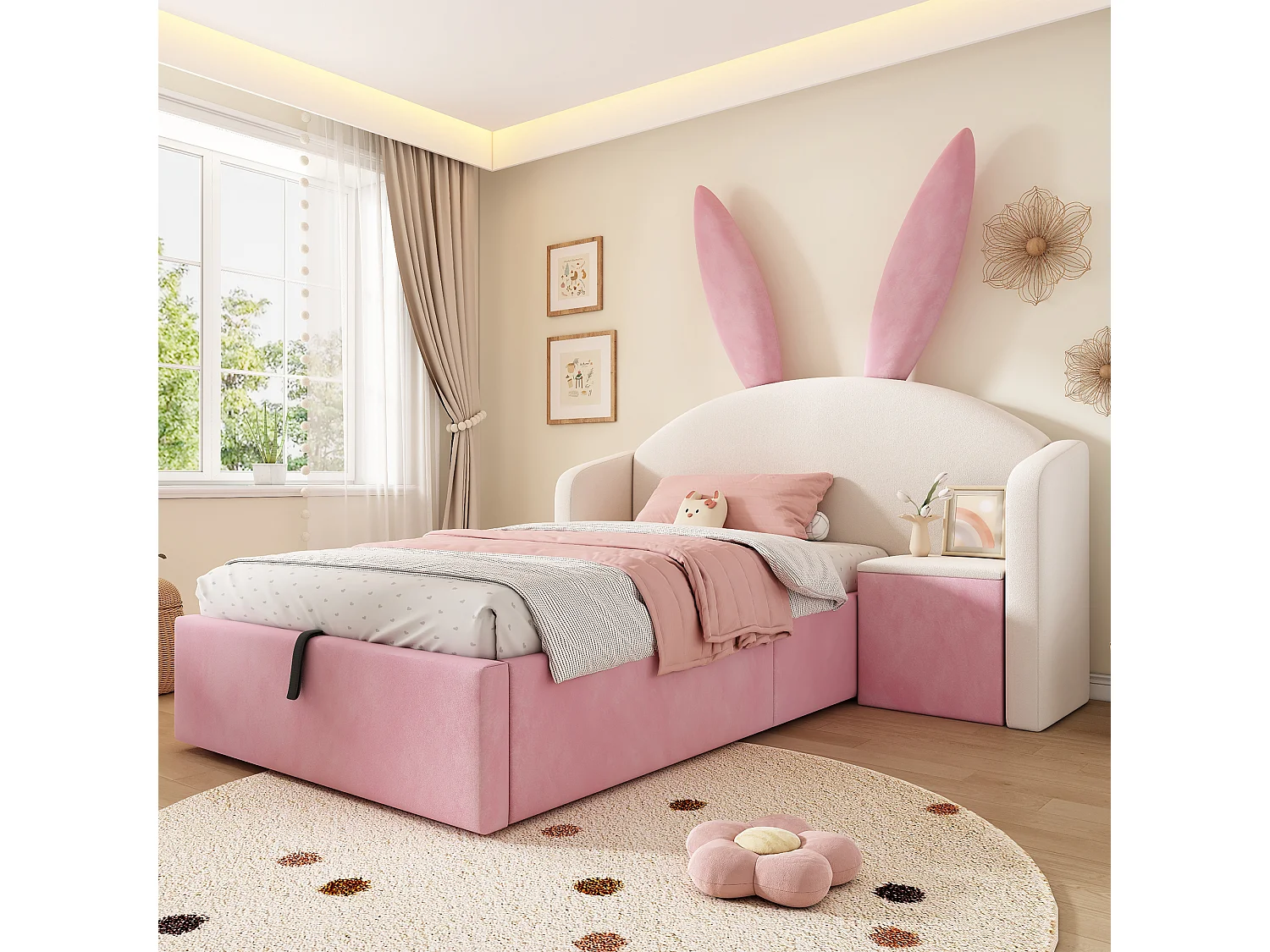 Gestoffeerd kinderbed met hydraulisch opbergsysteem - 90 x 190 cm - met hoofdbord en nachtkastje - fluweel - roze en beige