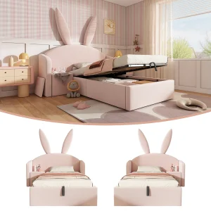Gestoffeerd hydraulisch opbergbed voor kinderen – 90 x 200 cm – met hoofdbord en nachtkastje – fluweel – roze