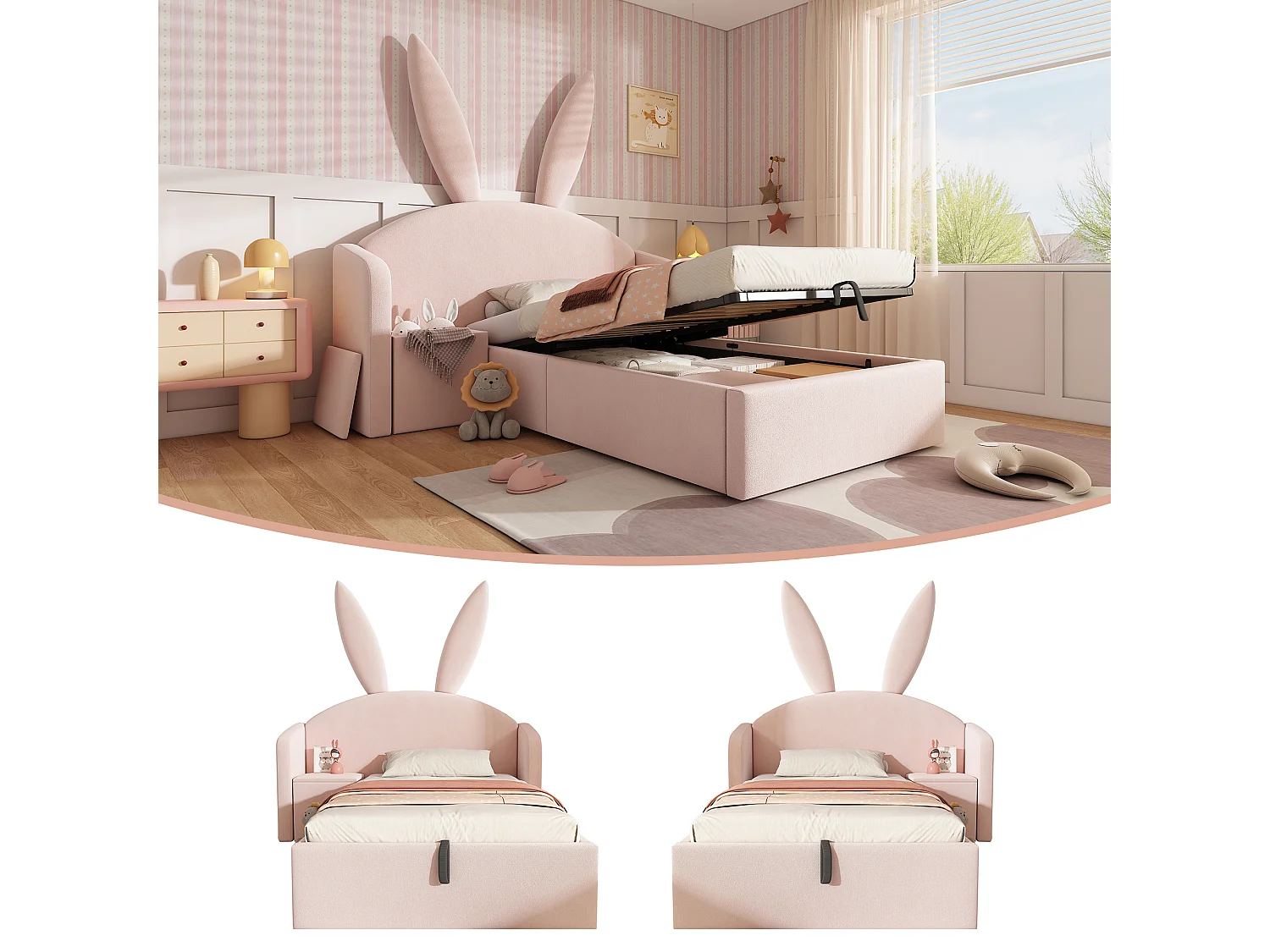 Gestoffeerd hydraulisch opbergbed voor kinderen - 90 x 200 cm - met hoofdbord en nachtkastje - fluweel - roze
