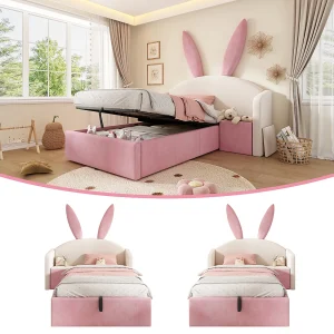 Gestoffeerd hydraulisch opbergbed voor kinderen – 90 x 200 cm – met hoofdbord en nachtkastje – fluweel – roze en beige