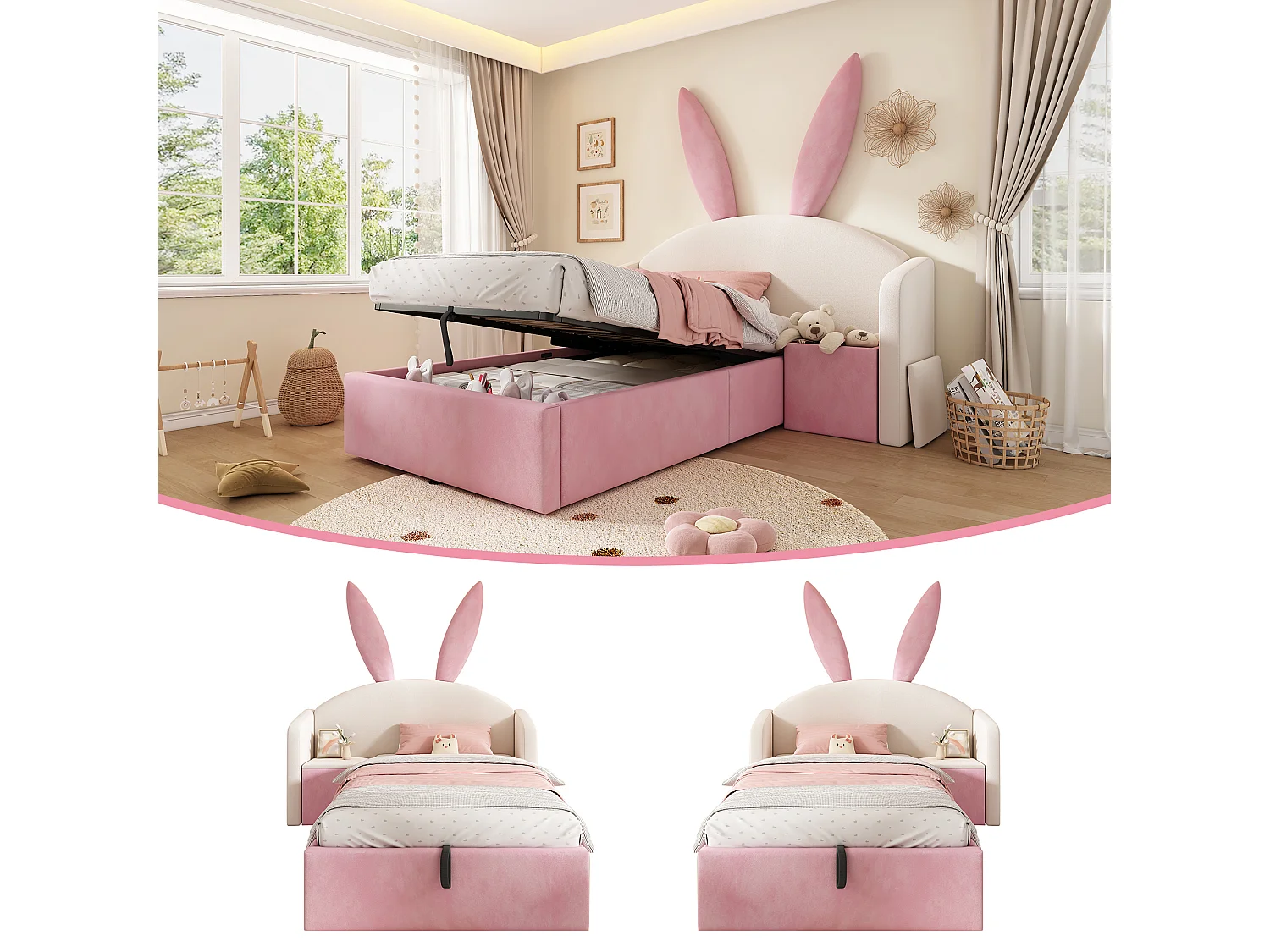 Gestoffeerd hydraulisch opbergbed voor kinderen - 90 x 200 cm - met hoofdbord en nachtkastje - fluweel - roze en beige