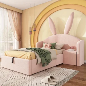 Gestoffeerd kinderbed met hydraulisch opbergsysteem – 90 x 190 cm – met hoofdbord en nachtkastje – fluweel – roze Gestoffeerd kinderbed met hydraulisch opbergsysteem – 90 x 190 cm – met hoofdbord en nachtkastje – fluweel – roze