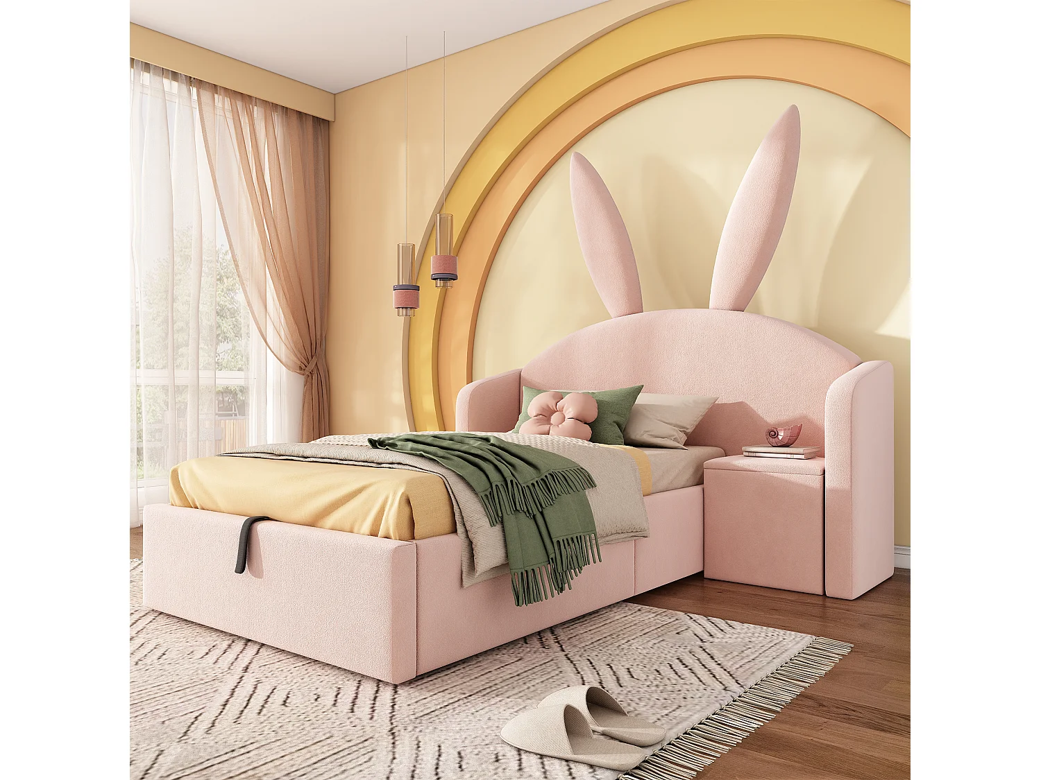 Gestoffeerd kinderbed met hydraulisch opbergsysteem - 90 x 190 cm - met hoofdbord en nachtkastje - fluweel - roze