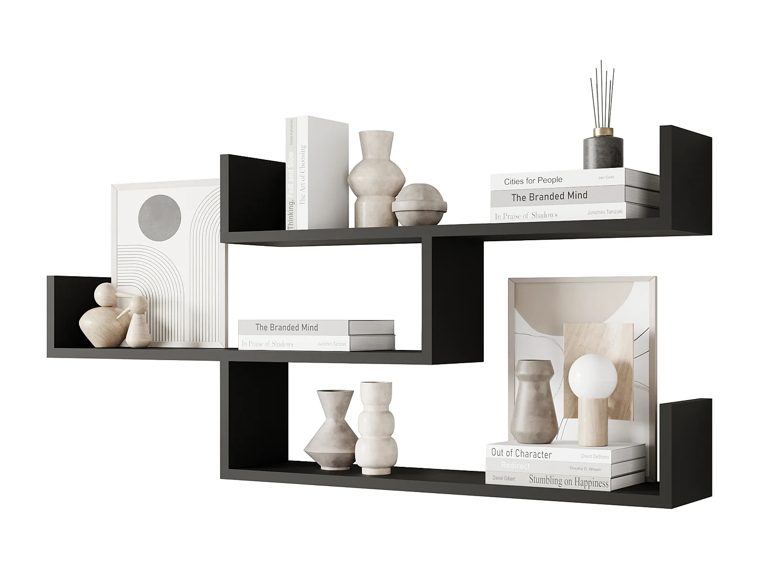 Driedelige wandplank, moderne wandplank voor woonkamer, 119 cm zwart mat