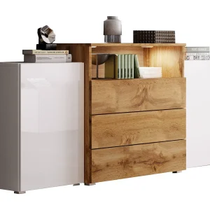 Dressoir 150 cm voor woonkamer – modern, staand met 3 lades, open vak en zijdeuren, corpus eik wotan mat en fronten wotan + wit hoogglans Dressoir 150 cm voor woonkamer – modern, staand met 3 lades, open vak en zijdeuren, corpus eik wotan mat en fronten wotan + wit hoogglans