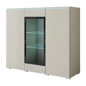 Moderne hoge vitrinekast 120 cm voor woonkamer 3 deuren kasjmier beige mat Moderne hoge vitrinekast 120 cm voor woonkamer 3 deuren kasjmier beige mat