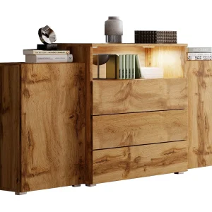 Dressoir 150 cm mat voor woonkamer – modern, staand met 3 lades, open vak en zijdeuren eik wotan Dressoir 150 cm mat voor woonkamer – modern, staand met 3 lades, open vak en zijdeuren eik wotan