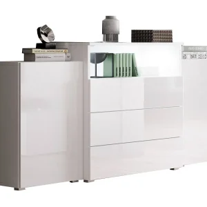 Dressoir 150 cm voor woonkamer – modern, staand met 3 lades, open vak en zijdeuren, corpus wit mat en fronten wit hoogglans Dressoir 150 cm voor woonkamer – modern, staand met 3 lades, open vak en zijdeuren, corpus wit mat en fronten wit hoogglans