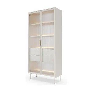 Glazen vitrinekast 92 cm Senzia – LED-verlichting, hoge poten – vitrinekast met lades, kasjmier Glazen vitrinekast 92 cm Senzia – LED-verlichting, hoge poten – vitrinekast met lades, kasjmier