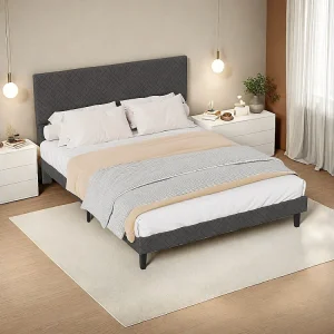 Gestoffeerd platformbedframe – 140 x 200 cm – Geometrisch hoofdeinde – Linnen – Grijs Gestoffeerd platformbedframe – 140 x 200 cm – Geometrisch hoofdeinde – Linnen – Grijs
