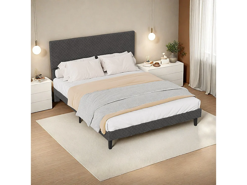 Gestoffeerd platformbedframe - 140 x 200 cm - Geometrisch hoofdeinde - Linnen - Grijs