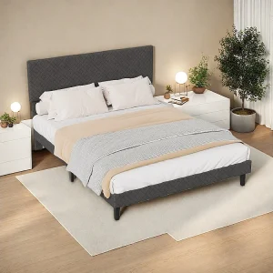 Gestoffeerd platformbedframe – 160 x 200 cm – Geometrisch hoofdeinde – Grijs linnen Gestoffeerd platformbedframe – 160 x 200 cm – Geometrisch hoofdeinde – Grijs linnen