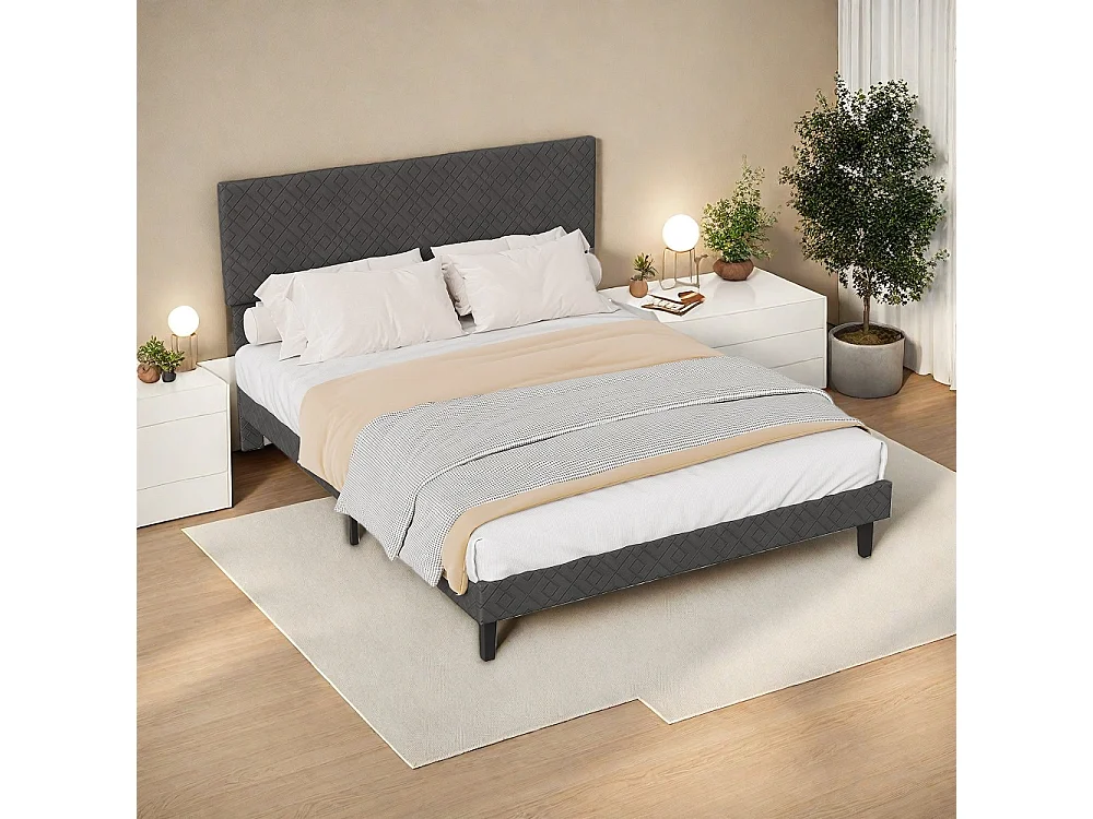 Gestoffeerd platformbedframe - 160 x 200 cm - Geometrisch hoofdeinde - Grijs linnen