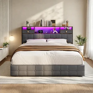 Gestoffeerd opbergbed – 140 x 200 cm – USB Type-C-poort – Fluweel – Grijs – LED-hoofdeinde Gestoffeerd opbergbed – 140 x 200 cm – USB Type-C-poort – Fluweel – Grijs – LED-hoofdeinde