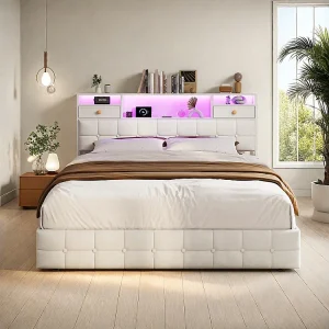 Gestoffeerd opbergbed – 160 x 200 cm – USB Type-C Oplaadpoort – 4 laden – Fluweel – Beige Gestoffeerd opbergbed – 160 x 200 cm – USB Type-C Oplaadpoort – 4 laden – Fluweel – Beige