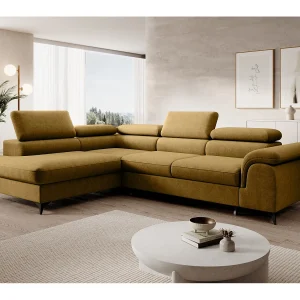 Hoekbank PLAZA L links met slaapfunctie 125×195 velours goud Hoekbank PLAZA L links met slaapfunctie 125×195 velours goud