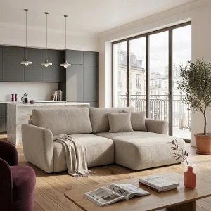 Hoekbank BELLA L rechts met slaapfunctie 140×205 velours beige Hoekbank BELLA L rechts met slaapfunctie 140×205 velours beige