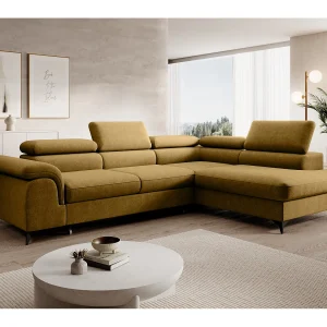 Hoekbank PLAZA L rechts met slaapfunctie 125×195 velours goud Hoekbank PLAZA L rechts met slaapfunctie 125×195 velours goud