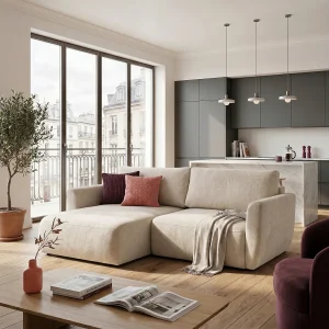 Hoekbank BELLA L links met slaapfunctie 140×205 velours crème