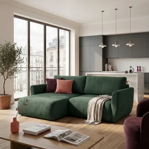 Hoekbank BELLA L links met slaapfunctie 140×205 velours groen