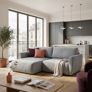 Hoekbank BELLA L links met slaapfunctie 140×205 velours grijs