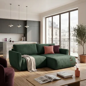 Hoekbank BELLA L rechts met slaapfunctie 140×205 velours groen Hoekbank BELLA L rechts met slaapfunctie 140×205 velours groen