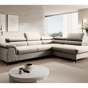 Hoekbank PLAZA L rechts met slaapfunctie 125×195 velours beige Hoekbank PLAZA L rechts met slaapfunctie 125×195 velours beige