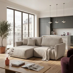 Hoekbank BELLA L links met slaapfunctie 140×205 velours beige