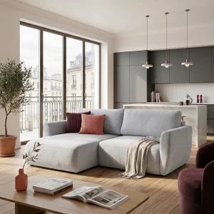 Hoekbank BELLA L links met slaapfunctie 140×205 velours lichtgrijs Hoekbank BELLA L links met slaapfunctie 140×205 velours lichtgrijs