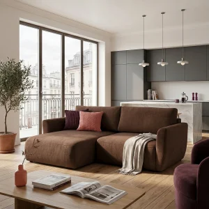 Hoekbank BELLA L links met slaapfunctie 140×205 velours bruin