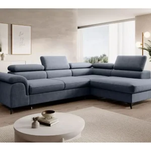 Hoekbank PLAZA L rechts met slaapfunctie 125×195 velours blauw Hoekbank PLAZA L rechts met slaapfunctie 125×195 velours blauw