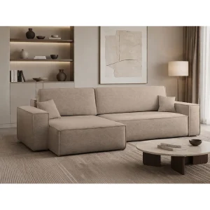 Hoekbank L-vorm met slaapfunctie en opbergruimte, stof Verita, Warm beige, Links, BEST XL