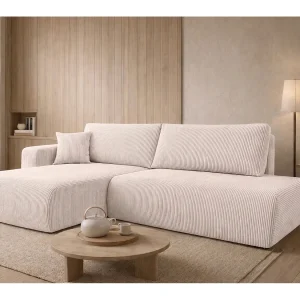 Hoekbank met slaapfunctie en opbergruimte, koordstof Poso, Beige, Links, OPEN XL