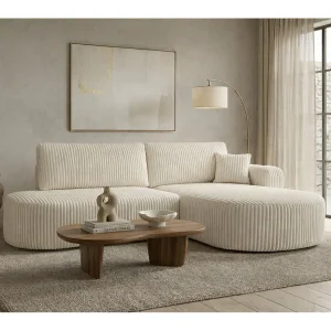 Hoekbank met slaapfunctie en opbergruimte, corduroy stof Tilia, Ecru, Rechts, ROUND ONE OPEN XL