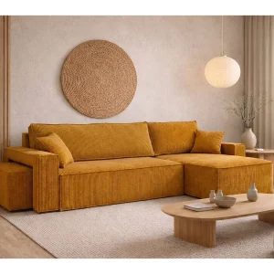 Hoekbank met slaapfunctie en poef, koordstof Poso, Mosterdkleurig, Rechts, BEST L met poef Hoekbank met slaapfunctie en poef, koordstof Poso, Mosterdkleurig, Rechts, BEST L met poef