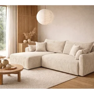 Hoekbank met slaapfunctie, koordstof Poso, Beige, Links, JAPANDI Hoekbank met slaapfunctie, koordstof Poso, Beige, Links, JAPANDI