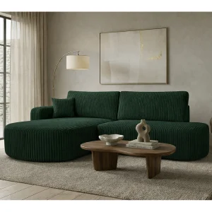 Hoekbank met slaapfunctie en opbergruimte, corduroy stof Tilia, Groen, Links, ROUND ONE OPEN XL