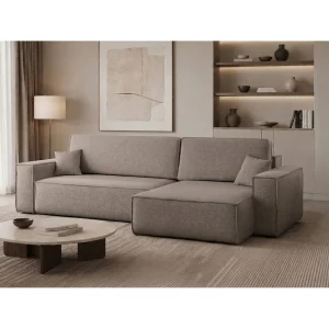 Hoekbank L-vorm met slaapfunctie en opbergruimte, stof Verita, Beige, Rechts, BEST XL