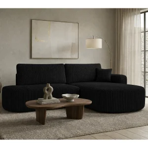 Hoekbank met slaapfunctie en opbergruimte, corduroy stof Tilia, Zwart, Rechts, ROUND ONE OPEN XL