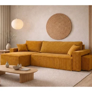 Hoekbank met slaapfunctie en poef, koordstof Poso, Mosterdkleurig, Links, BEST L met poef Hoekbank met slaapfunctie en poef, koordstof Poso, Mosterdkleurig, Links, BEST L met poef